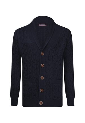 Cardigan en maille torsadée bleu marine avec col châle, cinq boutons marron, manches longues et deux poches avant.