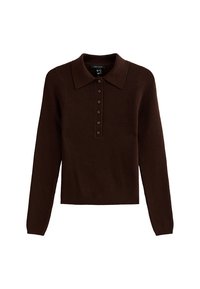 Brązowy sweter polo, prążkowana faktura, długie rękawy, zapięcie na guziki, projekt kołnierza, jednolity kolor, krótka długość, styl casualowy.