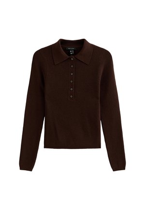 Suéter polo marrón, textura acanalada, mangas largas, tapeta de botones, diseño de cuello, color sólido, longitud corta, estilo casual.