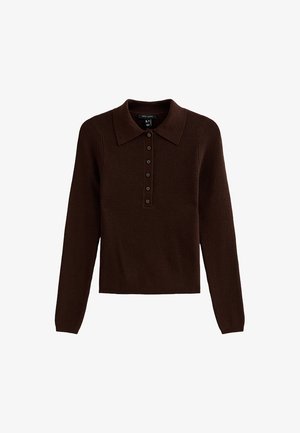 Bruine polo trui, geribbelde textuur, lange mouwen, knoopsluiting, kraagontwerp, effen kleur, cropped lengte, casual stijl.