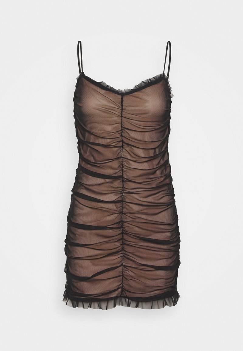 Czarna przezroczysta sukienka z marszczeniami, cienkimi ramiączkami i falbaniastym dołem. Materiał jest lekki o miękkiej strukturze.