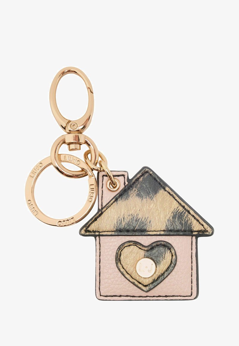 Nahast võtmehoidja kodu kujuga, millel on roosa alus, must ja kuldne muster katus ja südame detail. Kinnitunud kuldse tooni riistvara külge.