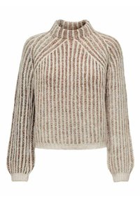 Chunky Strickpullover mit Ballonärmeln, hohem Rundhalsausschnitt und vertikalem beige-braun gestreiftem Muster.