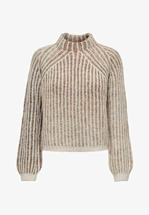 Paksu neulepusero, jossa on ilmapallo-tyyliset hihat, korkea pyöreä kaula-aukko ja pystysuora beige ja ruskea raidoitus.