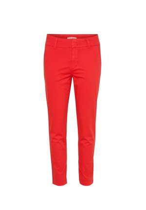 Crvene pamučne hlače uskog kroja, s patentnim zatvaračem, petljama za remen i prednjim džepovima. Glatka tekstura s jednobojnim dizajnom.