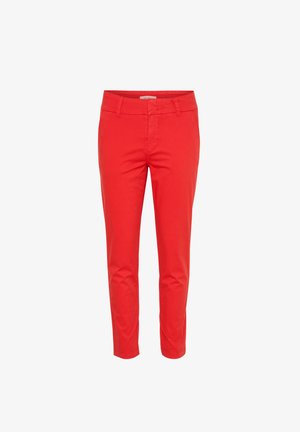 Sarkani kokvilnas bikses ar šauru piegriezumu, ar rāvējslēdzēja priekšpusi, jostu cilpām un priekšējiem kabatām. Gluda tekstūra ar vienkrāsainu dizainu.