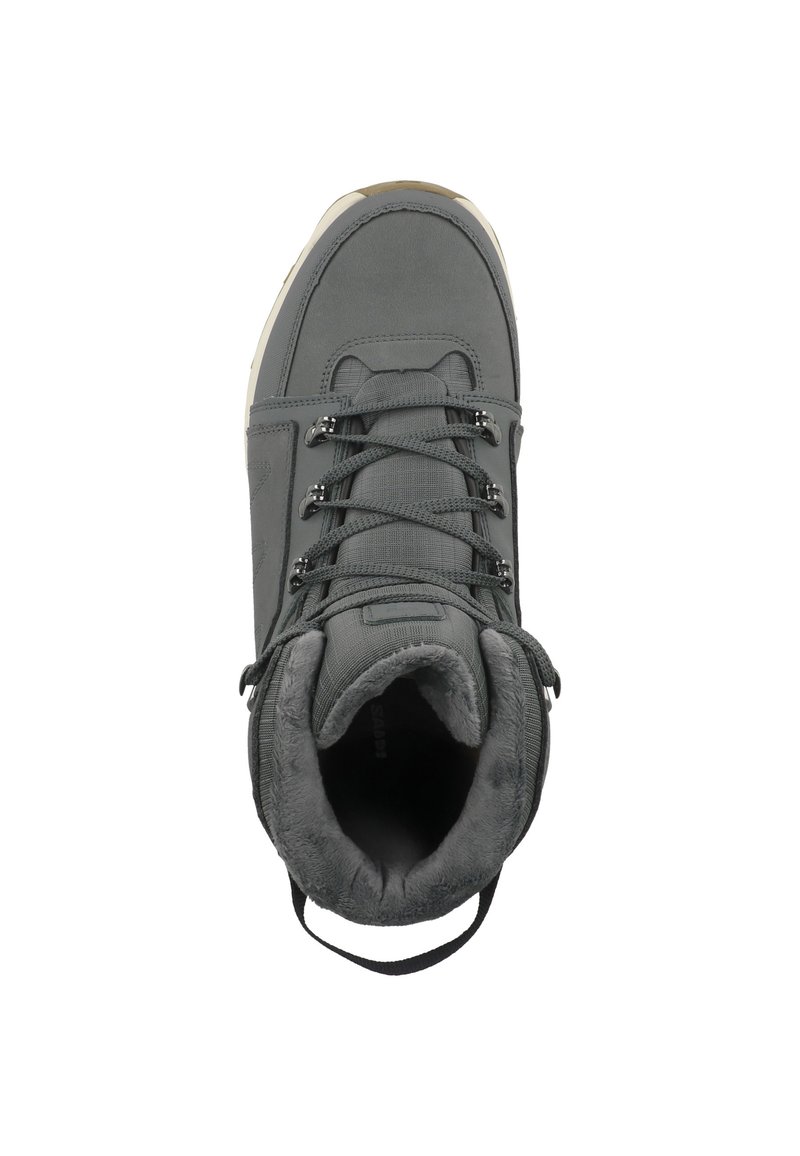 Grijze enkelboot met een zachte textiele bovenkant, ronde neus, vetersysteem, pluizige binnenvoering en een achterkant met trekluik. Rubberen buitenzool.