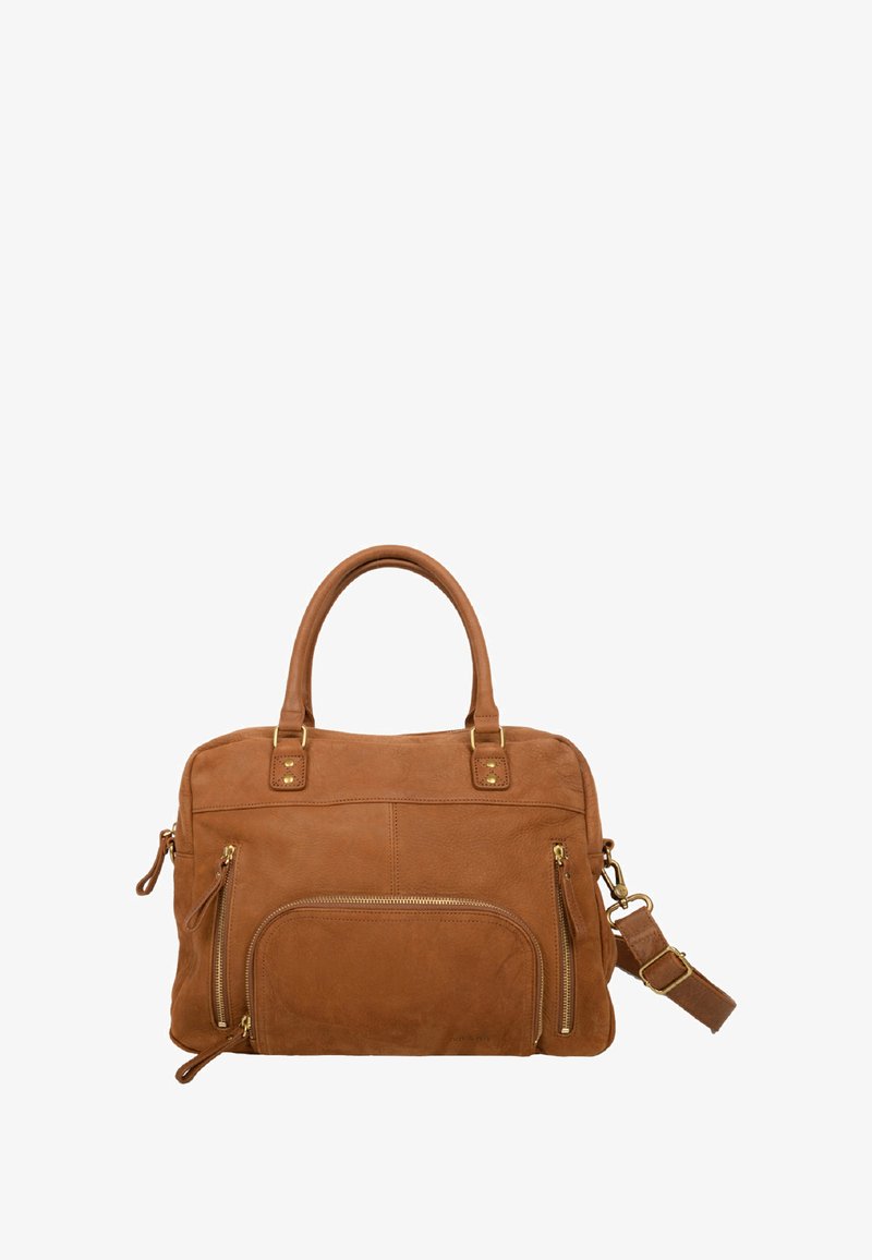 Sac à main en cuir camel avec deux poignées, deux poches zippées à l'avant et une bandoulière amovible. Dispose de pièces métalliques dorées et d'une texture douce.