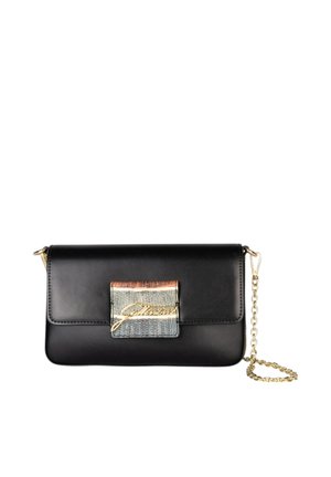 Borsa rettangolare nera con chiusura a patta, toppa decorativa multicolore, tracolla a catena dorata e dettaglio del logo dorato in corsivo sul davanti.