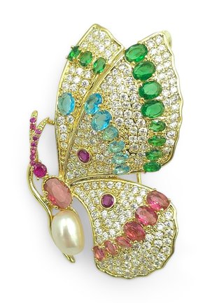 Spilla a forma di farfalla in tono oro, decorata con gemme multicolori, tra cui rosa, verde e blu, con un accento di perla e brillanti strass.