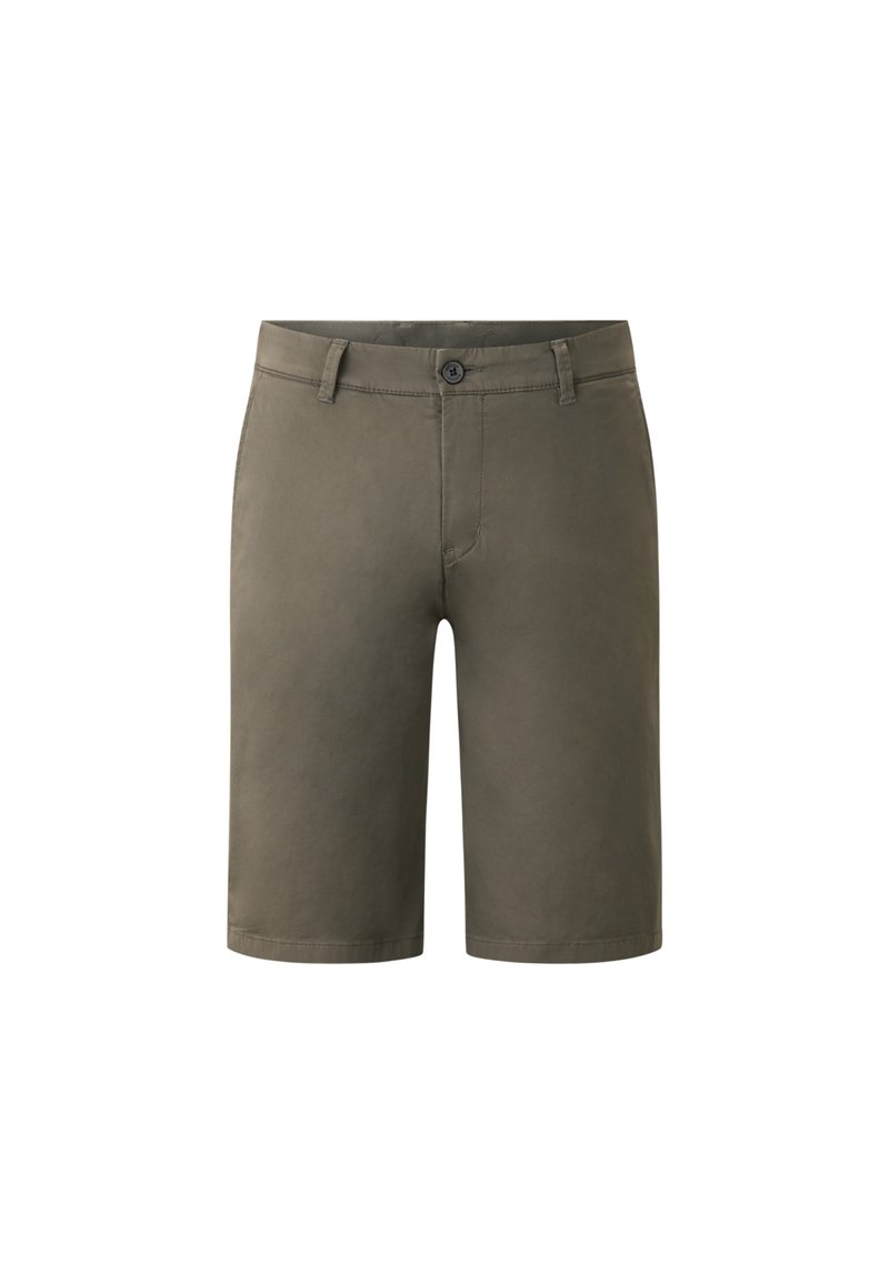Khaki Baumwollshorts mit flachem Bund, Gürtelschlaufen, einem Knopfverschluss und Seitentaschen, mit einer Länge, die oberhalb des Knies endet.