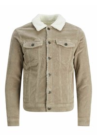 Veste en velours côtelé beige avec col sherpa blanc, fermeture à boutons devant, manches longues et deux poches à rabat sur la poitrine avec boutons.