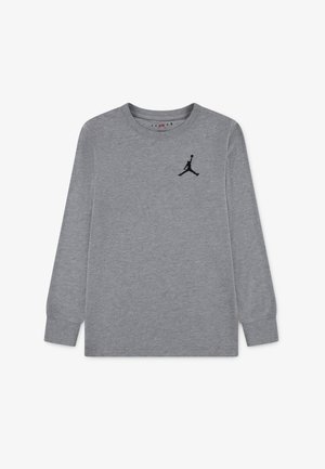 Gray long-sleeve t-shirt made of cotton, featuring a black Jordan logo on the left chest. Round neckline and ribbed cuffs.