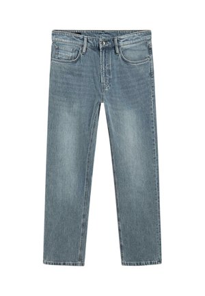 Jean en denim bleu délavé avec une coupe droite, cinq poches, et une fermeture par bouton. Texture lisse avec des effets d'usure subtils.