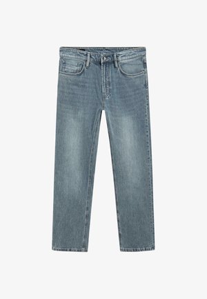 Verweerde blauwe spijkerbroek met een rechte pijp, vijf zakken en een knoopsluiting. Gladde textuur met subtiele wassingseffecten.