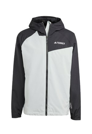 Light gray and black hooded jacket with a zip front, featuring a logo on the chest, elastic cuffs, and a sleek, waterproof material.