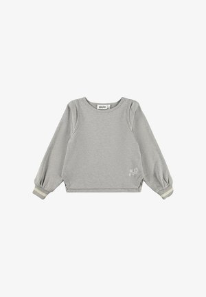 Sweatshirt gris avec des manches longues et bouffantes, et un col rond. Présente un logo Molo discret dans le coin inférieur et des poignets rayés.