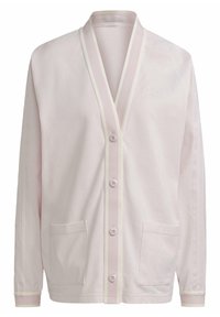 Ljust rosa cardigan med v-ringning, knappstängning, två framfickor och vit kant. Strukturerad tyg med subtil varumärkeslogotyp på bröstet.