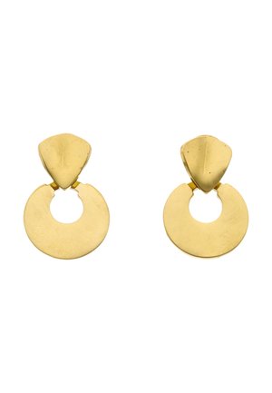 Øreringe i gyldent metal med geometriske former, en trekantet stift øverst og en flad, bred rund hængende del.