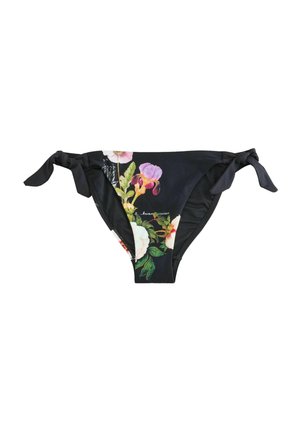 Slip de bikini negru cu legături laterale și imprimeu floral cu frunze verzi și flori roz, albe și mov în față.