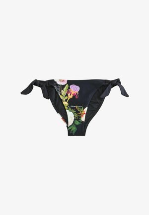 Slip de bikini negru cu legături laterale și imprimeu floral cu frunze verzi și flori roz, albe și mov în față.