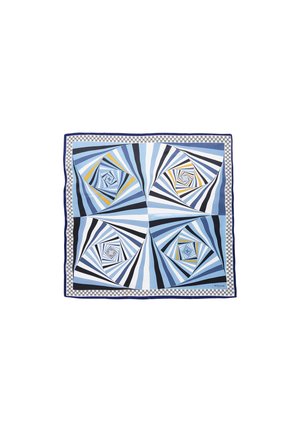Jedwabny szal z geometrycznym wzorem spirali w różnych odcieniach niebieskiego, czarnego i żółtego. Brzeg zdobiony jest wzorem rombów.