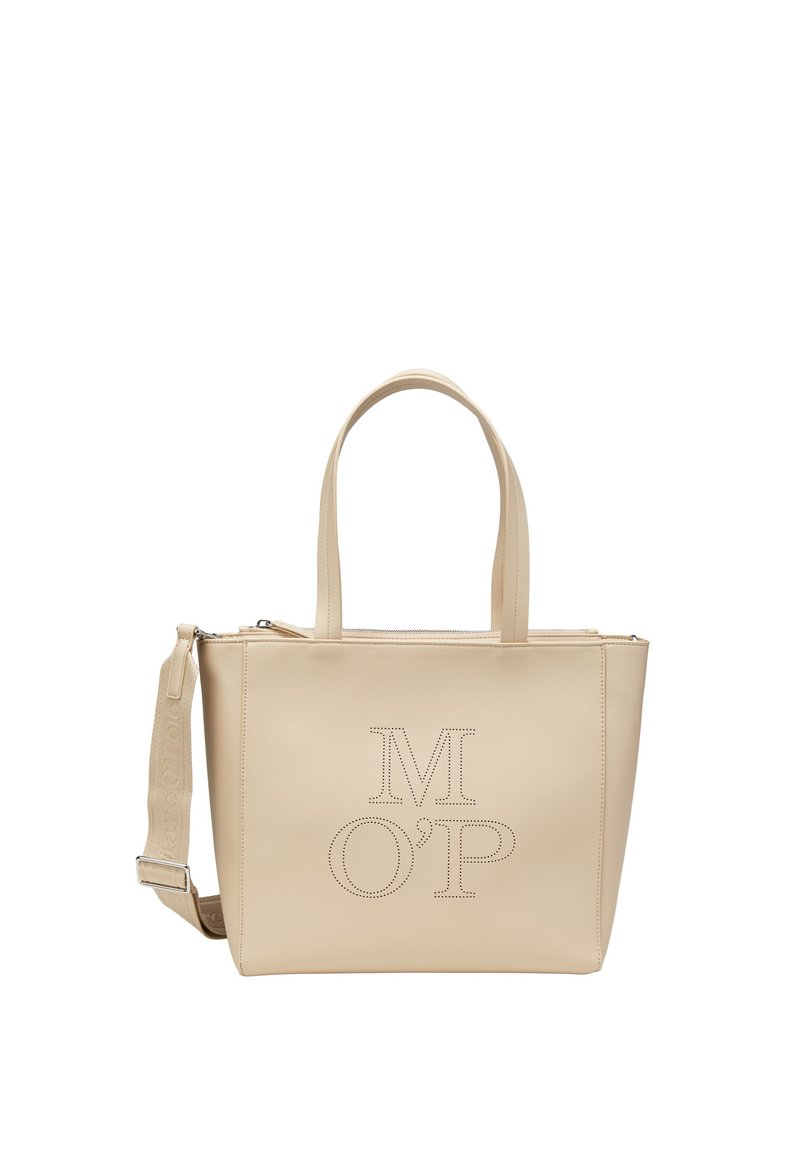 Beige Leder-Tote mit doppelten Obergriffen und einem abnehmbaren Schultergurt. Mit durchbrochener "M O' P"-Markierung auf der Vorderseite.