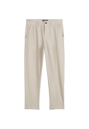 Pantalon en tissu beige clair, avec un design à jambe droite, deux poches avant et une fermeture à bouton unique à la taille.