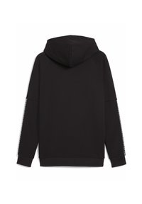 Sort hættebluse med en glat overflade, der har raglanærmer og et trykt design på siden. Enkel, klassisk silhuet.
