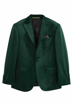 Blazer de terciopelo verde oscuro con solapas con muesca, cierre de un botón, dos bolsillos delanteros y un pañuelo negro en el bolsillo del pecho.