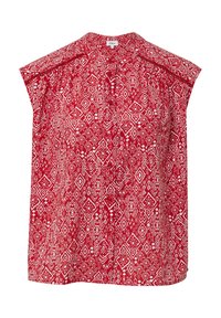 Rode mouwloze blouse met een gestructureerd geometrisch patroon in het wit, een notch-kraag en een ontspannen pasvorm voor bewegingsgemak.