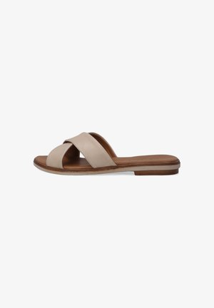 Beige leather slide sandals featuring a crossed strap design, flat sole, and a brown textured insole, suitable for casual wear.