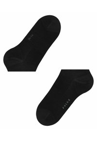 Schwarze Knöchelstrümpfe aus einem glatten Material, mit verstärkten Fersen und Zehen, ausgestattet mit dem in Grau gedruckten Markenlogo.