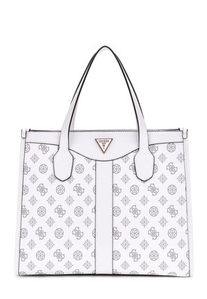 Sac fourre-tout en cuir blanc avec des motifs géométriques gris et un logo, poignées plates doubles et une plaque de logo triangulaire à l'avant. Fermeture zippée.