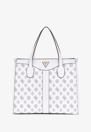 Borsa tote in pelle bianca con motivi geometrici grigi e logo, manici piatti doppi e una placca triangolare con logo sulla parte anteriore. Chiusura con zip.