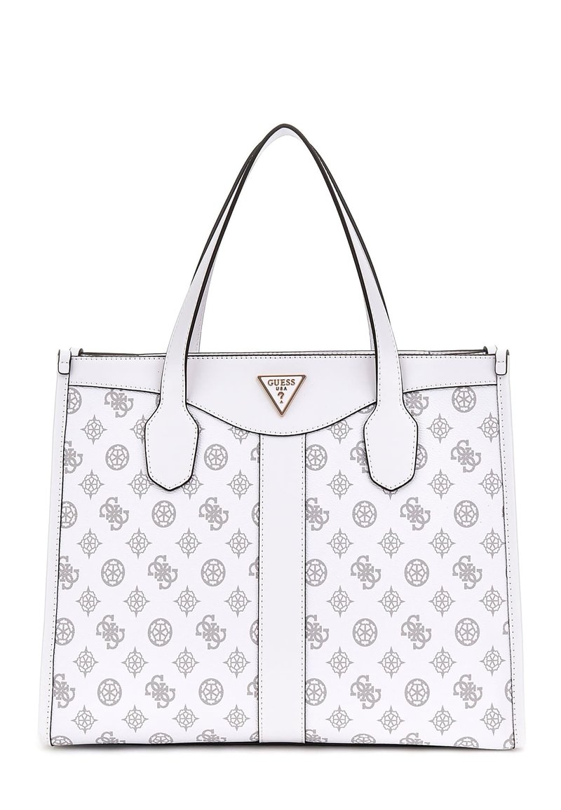 Sac fourre-tout en cuir blanc avec des motifs géométriques gris et un logo, poignées plates doubles et une plaque de logo triangulaire à l'avant. Fermeture zippée.