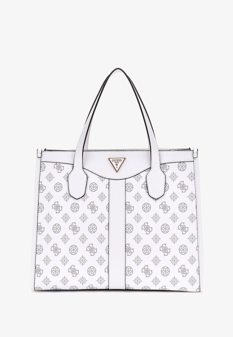 Borsa tote in pelle bianca con motivi geometrici grigi e logo, manici piatti doppi e una placca triangolare con logo sulla parte anteriore. Chiusura con zip.