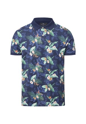 Marineblaues Poloshirt mit floralem Muster aus grünen Blättern und weißen Blumen, strukturiertem Stoff und klassischem Kragen mit zwei Knöpfen.