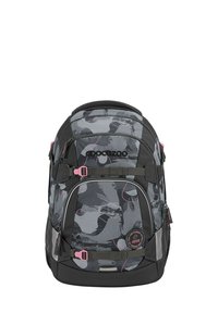 Gray backpack with abstract black and pink patterns, multiple compartments, adjustable straps, and nylon material. Features a round logo detail.