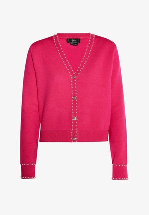 Fukšijos spalvos kardiganas iš minkštos medvilnės, su V formos iškirpte, perliukais aplink iškirptę ir palei priekį, bei prisiūtomis rankovėmis.