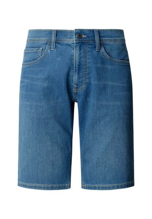 Modré rifľové šortky s predným zapínaním na gombík, pútkami na opasok a piatimi vreckami, strih do kolien.