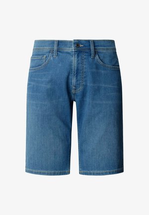 Blå denimshorts med knap foran, bæltestropper og femlomme-design, knælængde.