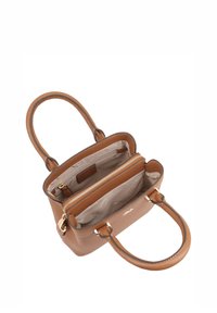 Bruine leren handtas met twee bovenhandvatten, interne compartimenten, één ritsvak en een gladde stoffen voering. Accenten in goudkleurige hardware.