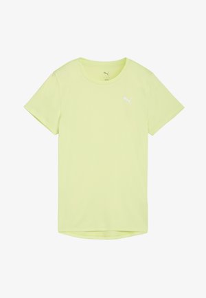 Hellgelbes Sport-T-Shirt mit kurzen Ärmeln aus atmungsaktivem Stoff, mit weißem Puma-Logo auf der Brust und rundem Ausschnitt.