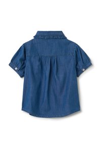 Camicia di denim con colletto arricciato, maniche corte arrotolate e dettaglio arricciato sul retro. Tessuto blu scuro con una texture liscia e una leggera lucentezza.