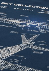 Bauplan eines Flugzeugs in Weiß auf dunkelblauem Hintergrund. Enthält beschriftete Komponenten wie Rumpf, Flügel und Fahrwerk.