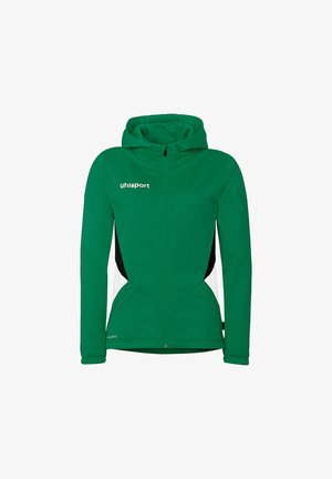 Groene jas met ritssluiting en capuchon, met zwarte en witte zijpanelen, voorzakken en het "uhlsport"-logo op de linkerborst.