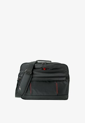 Schwarze Laptoptasche mit strukturierter Oberfläche, ausgestattet mit zwei Vordertaschen mit roten Akzenten und einem abnehmbaren Schulterriemen. Mit Reißverschluss versehener Hauptfach.