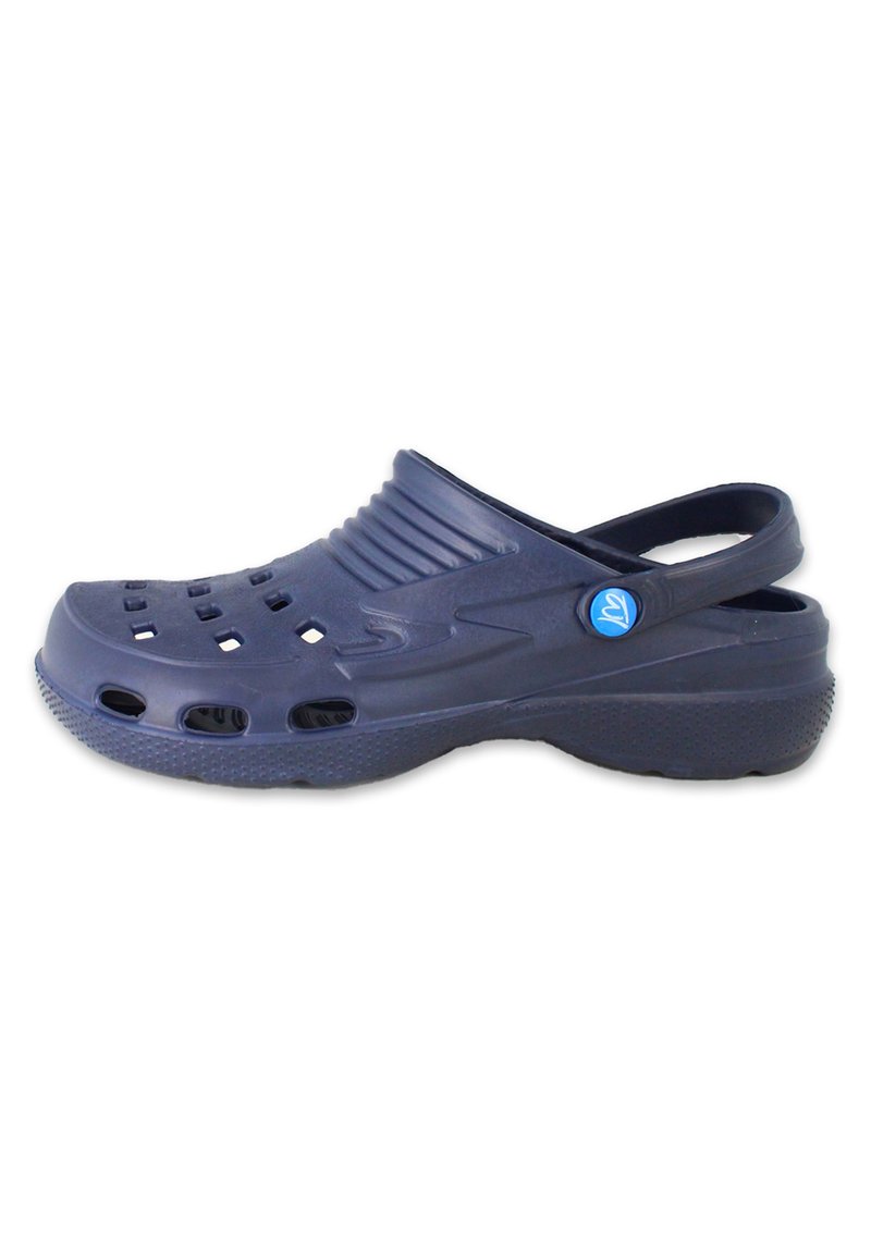 Marineblaue Clogs aus leichtem, flexiblem Material mit Belüftungslöchern, einem Fersenriemen, strukturiertem Fußbett und glatter Oberfläche.
