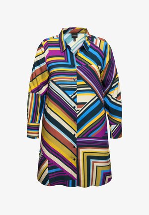 Skjorte med knaplukning, prydet med dristige, diagonale striber i lilla, blå, gul og brun. Lavet af letvægtsstof med en spids krave.
